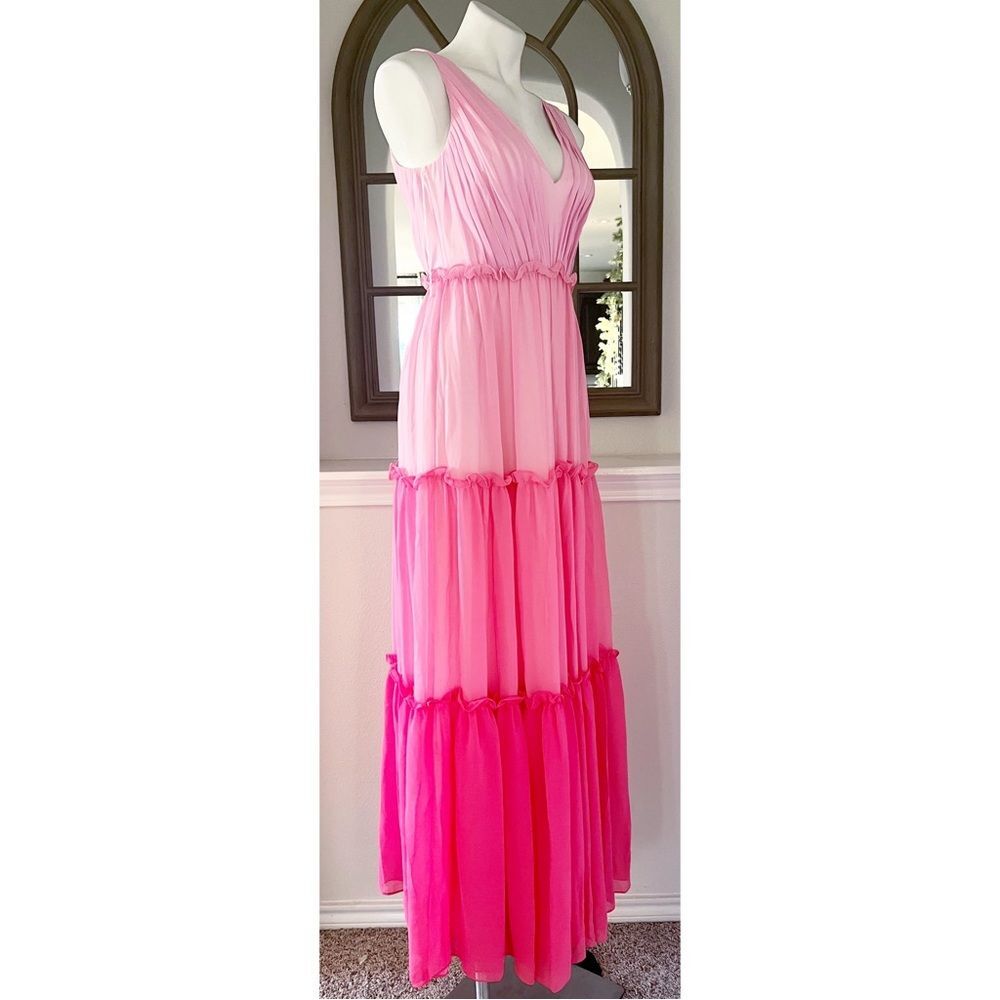 Aidan Mattox V-Neck Ciffon Color-Block Tiered Maxi Gown in Pink, NWT, Size 0 - Picture 5 of 13